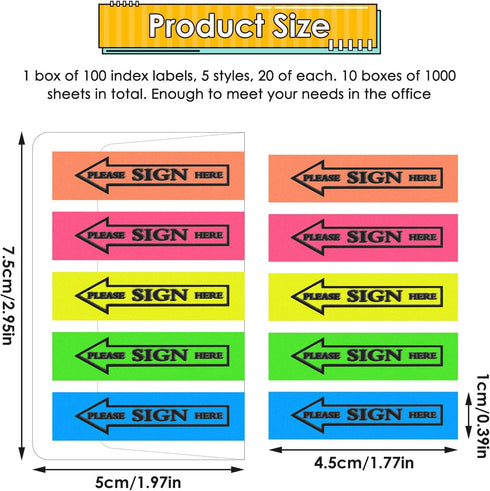 1000 PCS/10 Pack Sign Here Tabs, Please Sign Here Stickers Sign Here Message Flags 5 Colors with Arrow Flags Sticky Notes Easy to Post for Office ...