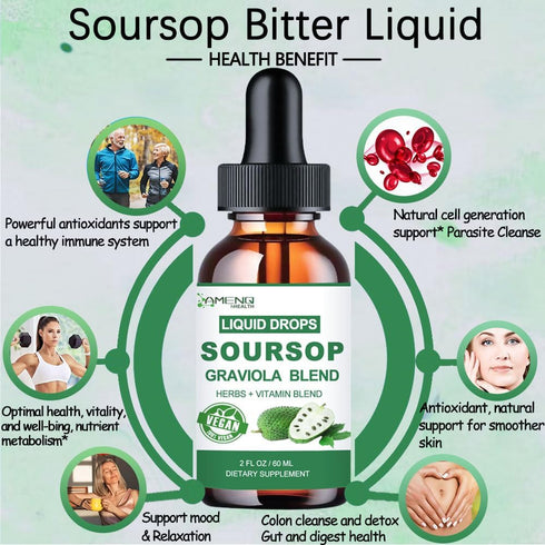 Soursop Graviola Liquid Drops, Organic Soursop Leave Extract w/Sea Moss, Elderberry Vitamin C and Zinc, 16-in-1 Soursop Bitters Liquid for Cell Su...