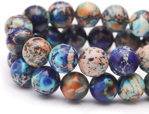 Natural Gemstone Beads for Jewelry Making,8mm Mixed Blue Imperial Jasper Polished Round Smooth Stone Beads,Genuine Real Stone Beads for Bracelet N...