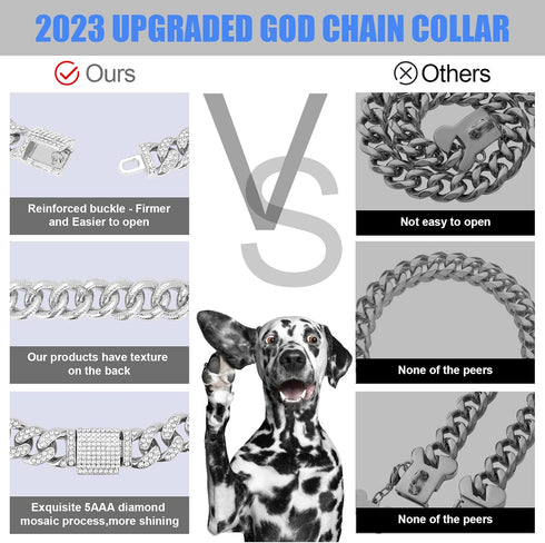 Dog Chain Silver Cuban Collars,Walking Silver Dog Metal Chain Choke Collar with Design Secure Buckle,Pet Cuban Crystal Collar Necklace Accessories...