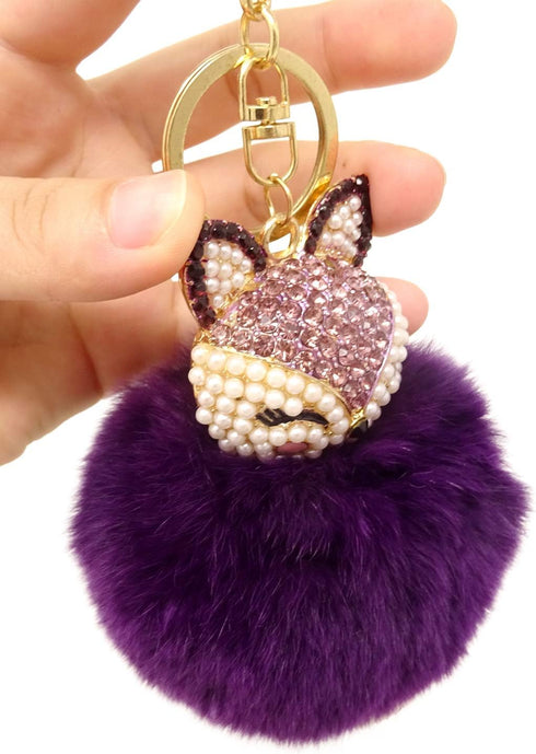 Honbay Faux Rabbit Fur Fluffy Keychain Fashion Fox Head Alloy Keychain Sparkly Rhinestone Handbag Backpack Car Keychain...