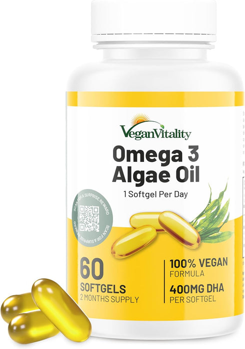 Vegan Vitality Vegan Omega 3 Supplement - 60 Plant Based Algae Omega 3 Oil Soft Gels Essential Fatty Acids with vegan DHA for Joint, Heart & Immun...