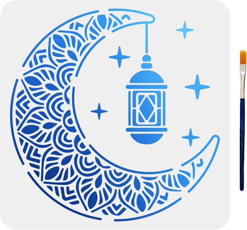 Ramadan Lantern Stencil Eid al-Fitr Drawing Stencil Ramadan Eid Stencils 11.8×11.8inch with Art Paint Brush Eid Mubarak Moon Decorating for Islami...