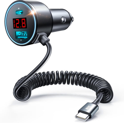 USB C Car Charger, 75W Metal 3-Port Super Fast Car Charger Adapter PD & QC3.0 Built-in 6ft Type C Coiled Cable for Samsung Galaxy S22/21 iPhone iP...