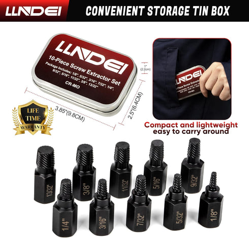 LLNDEI Screw Extractor Set, Hex Head Easy Out Bolt Extractor Set 10 Pieces, Multi-Spline Ez Out Stripped Extractor (1/8”-13/32”) CR-MO, Stripped F...