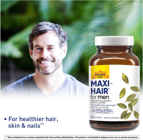 Country Life Maxi-Hair for Men - 2000mcg Biotin, Saw Palmetto, Pumpkin Seed Oil, DIM, Potassium, Magnesium, Calcium & Zinc Blend - Supports Health...