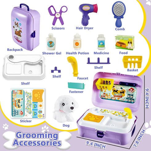 HERSITY Pet Care Vet Kit Kid, Puppy Pretend Play Toy Girl, Toy Dog Bath Grooming Set, Gift 3 4 5 6 Year Old Toddlers Childrens Veterinarian Playse...