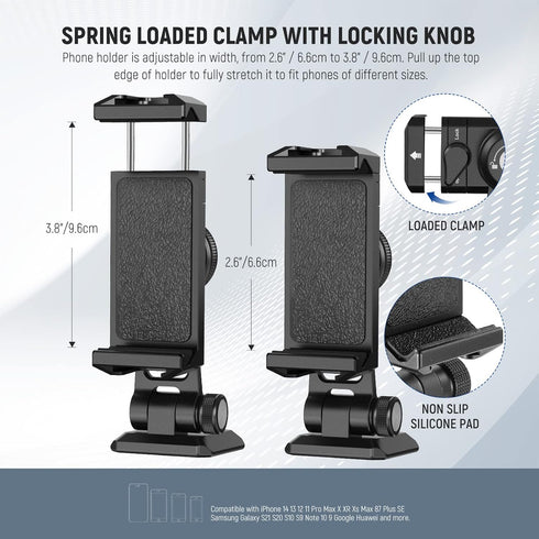 NEEWER Metal Phone Tripod Mount Adapter with Arca QR Base, Cold Shoe, 360° Swivel 180° Tilt, Phone Holder Compatible with iPhone 15 Pro Max Galaxy...