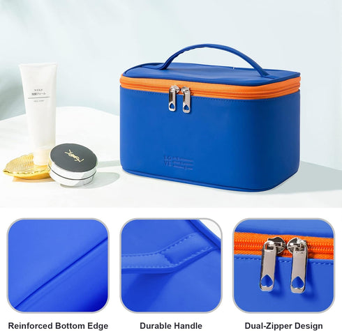 Makeup Bag Portable Travel Cosmetic Bag for Women, Beauty Zipper Makeup Organizer PU Leather Washable Waterproof (Blue)...