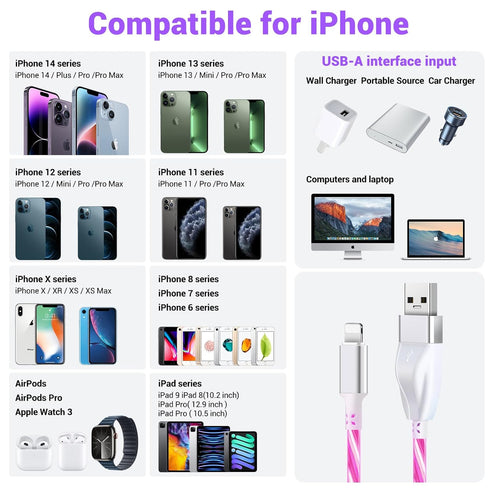 Aolcev Charger Cable for iPhone, 5FT Light Up Glowing Fast Charging Cord, 60W High-Speed Fast Charging Cable Compatible with iPhone 14 13 12 11 Pr...