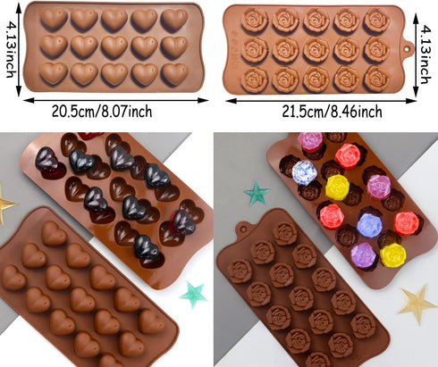 6PCS Diamond Heart Silicone Mold Valentines Day Rose Flower Chocolate Mold Heart Shape Mousse Cake Mold with 2 Liquid Dropper for Baking Candy Fon...