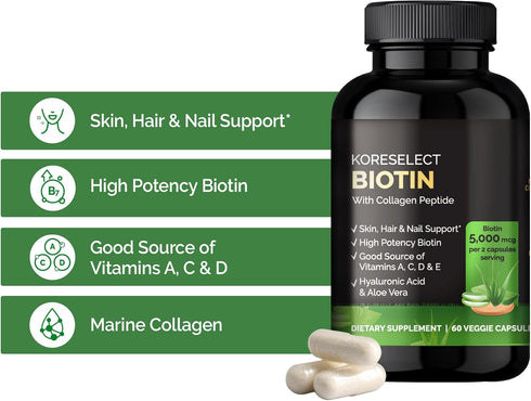 Biotin Collagen Capsules 5000mg, with B7 and Multivitamins, Hyaluronic Acid, Aloe for Men & Women, hair, nail, skin care, 60 Capsules...
