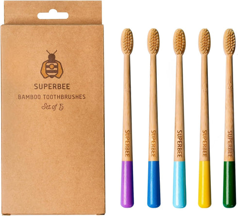 Superbee Biodegradable Bamboo toothbrushes – 5 Pack – Soft bristles for Adults & Kids’ Teeth with Colorful Handles - Eco-Friendly Natural Bamboo t...