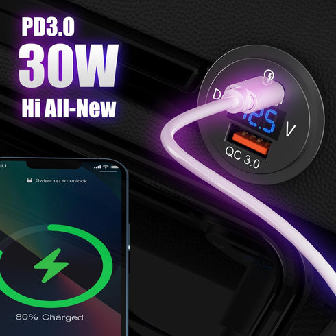 48W 12V USB Outlet USB C Car Socket, PD 30W and QC 18W Car USB Ports Waterproof Cigarette Lighter Replacement Car Charger Power Outlet with LED Di...