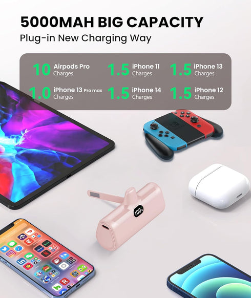 Pink Small Portable Charger for iPhone,5000mAh Lightweight Battery Pack with Metal Stand/LED Flashlight Mini Power Bank Battery Charge for iPhone ...
