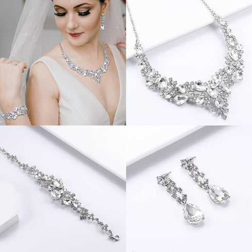 SAILIMUE Wedding Bridal Jewelry Set For Women Rhinestone Teardrop Cluster Statement Necklace Dangle Earrings Bracelet Jewelry Set For Wedding Part...