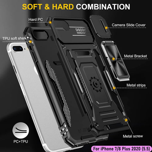 LMDAMZ Heavy Duty Case for Apple iPhone 7 Plus/8 Plus, Military Grade Dual Layer Hybrid Cushioning Rubber Bumper Protector with Slide Camera Prote...