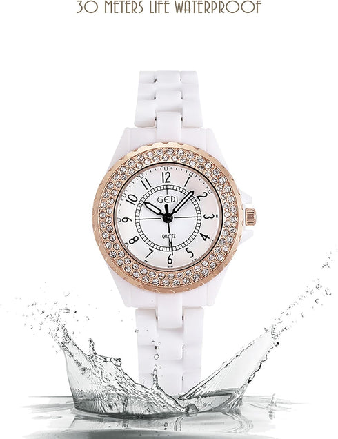 Womens Luxury Wrist Watch Fashion Rhinestone White Ceramic Watch Casual Lady Nice Dress Watches (Rose Gold)...