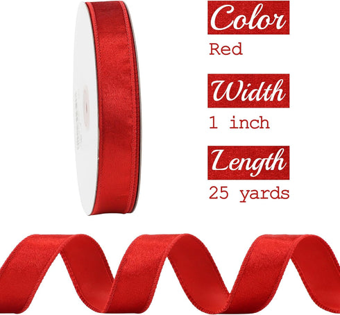 MEEDEE Red Velvet Ribbon 1 Inch Velvet Wired Ribbon 25 Yards Crushed Velvet Ribbon Spool Red Velvet Christmas Ribbon Vintage Velvet Ribbon for Chr...