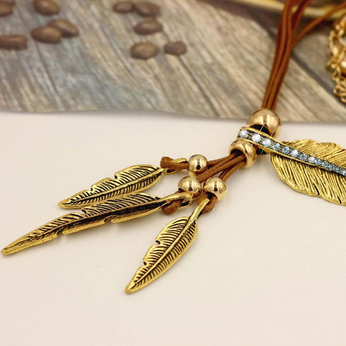 Brown Women Girls Antique Vintage Time Necklace Sweater Chain Pendant Feather Pendant Necklace Brown and Gold...