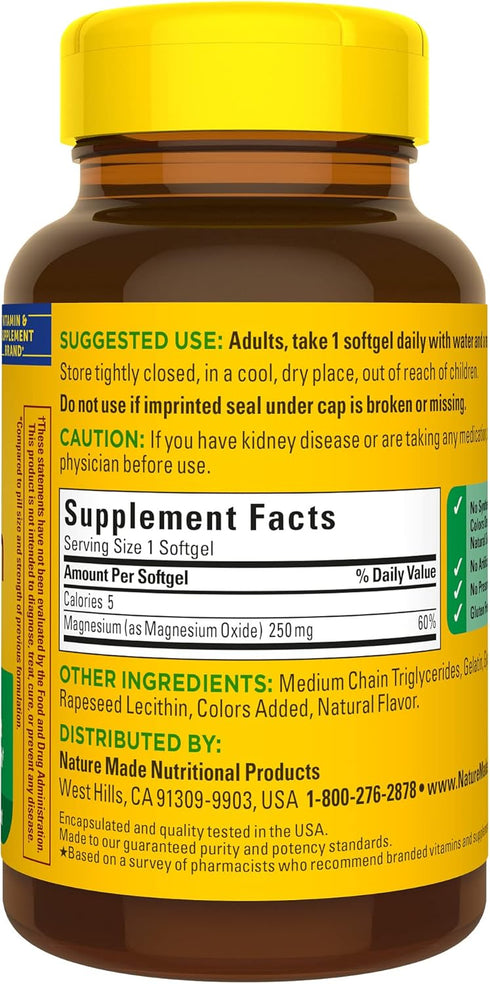 Nature Made Magnesium 250 mg, Magnesium Supplement for Muscle, Heart, Bone and Nerve Support, 90 Softgels, 90 Day Supply...
