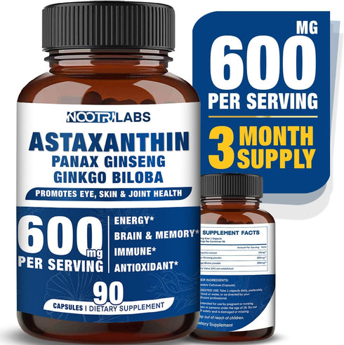Astaxanthin 15mg + Panax Ginseng, Ginkgo Biloba Supplements, 90 Vegan Capsules, Promotes Eye, Skin, Joint Health Energy, Cardiovascular Support + ...