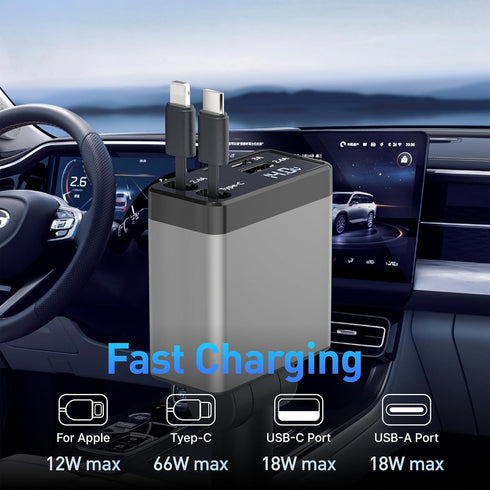 Retractable Car Charger, 4 in 1 Fast Car Phone Adapter 66W, Retractable Cables and USB Car Charger,Compatible with iPhone 15/14/13/12/11/10,iPad,G...