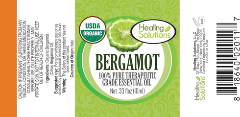 Healing Solutions Bergamot Essential Oil, 0.33 oz (10ml), Organic, Undiluted, Pure Oil for Skin & Diffuser...