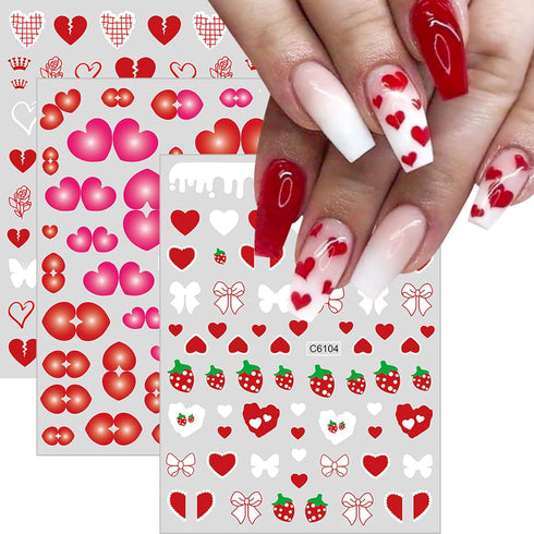 Valentine's Day Nail Stickers Decals Cute Heart Nail Art Decals 3D Self-Adhesive Nail Stickers Heart Strawberry Bow Flower Nail Designs Nail Decal...