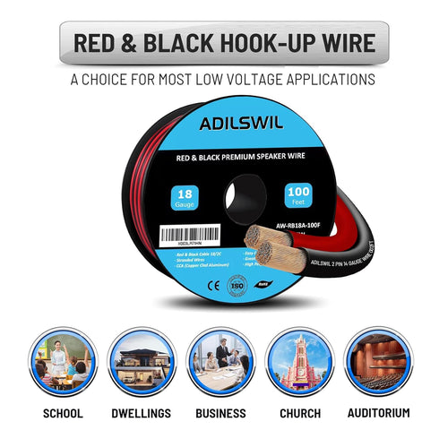 Speaker Wire Cable 18 Gauge 100FT 18/2 AWG CCA Red Black Wire 2 Conductor Bonded Zip Low Voltage Wire DC 12V/24V Stereo Audio Light Car Wire CL2 E...