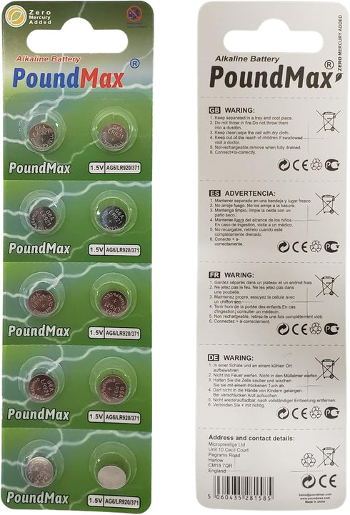 AG6 LR920/371 Batteries 1.5v Alkaline Button Cell Battery - 10 Count...