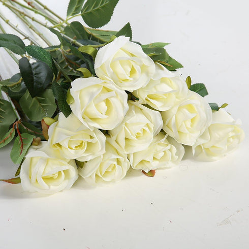 Veryhome Artificial Flowers Silk Roses Fake Bridal Wedding Bouquet for Home Garden Party Floral Decor 10 Pcs (White Straight stem)...