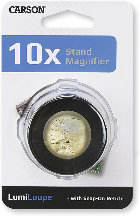 Carson LumiLoupe 10x Power Pre-Focused Stand Magnifier With Dual Lens and Snap-On Reticle (LL-20)...