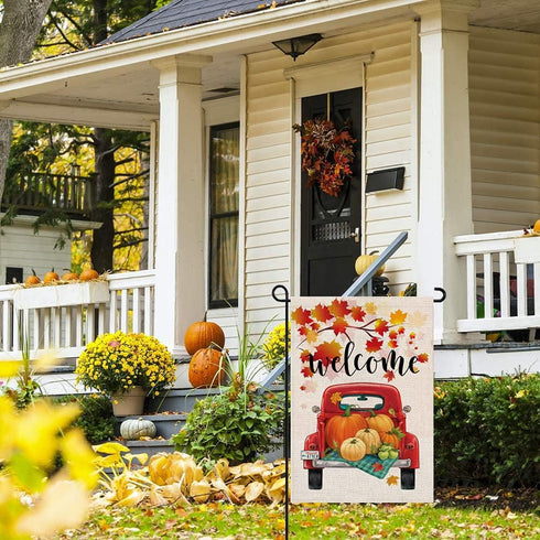 Fall Welcome Garden Flags for Outside,Truck with Pumpkins Maple Leaves,Harvest Decorative Farmhouse Flag for Patch,12.5 x 18 Inch Double Sided,Sma...