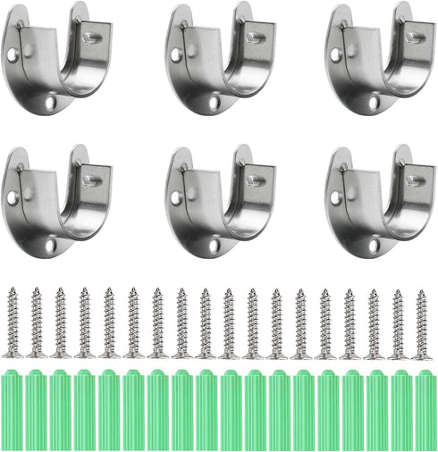 Closet Rod Bracket 6 Pack Stainless Steel Closet Rod Holders with Screws, Heavy Duty Closet Rod End Support for Wardrobe Curtain Shower, Silver U-...