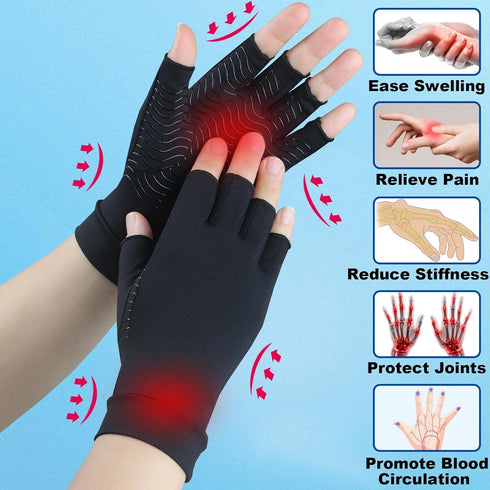 2 Pairs Copper Arthritis Gloves for Carpal Tunnel Pain Relief, Compression Gloves to Alleviate Hand Pain,Swelling,Fingerless Typing Gloves for Rhe...