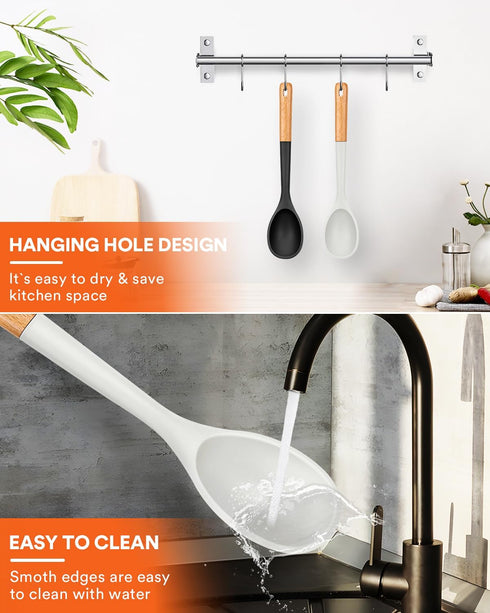 Large Silicone Cooking Spoons, Nonstick Solid Wooden Handle Spoon, Heat Resistan Silicone Kitchen Spoons for Cooking, Serving, Basting, Mixing, 13...