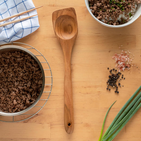 FAAY Right Hand Chopper, Wooden Spoon - Spatula, Break Up Ground Beef Utensils Made from High Moist Resistance Teak Wood for Non Stick Cookware. (...