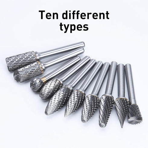 HUHAO Carbide Burr Set Double Cut 10PCS Rotary Burr Bits with 3mm(1/8") Shank 6mm(1/4") Bit Die Grinder Rotary Tool Rasp Bits Wood Carving Accesso...