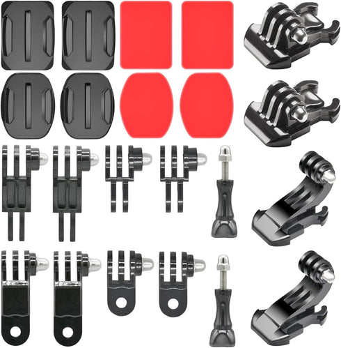 Universal Action Camera Accessory Mount Kit, Curved & Flat Adhesive Sticky Mount, Quick Release Buckle Mount, J-Hook Buckle Mount, 3-Way Pivot Arm...