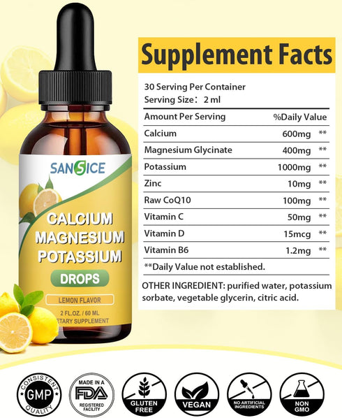 Calcium Magnesium Potassium Supplement Liquid,400mg Magnesium Glycinate,600mg Calcium Magnesium Drop Supplement with Vitamin D and Zinc (60ml/Lemo...