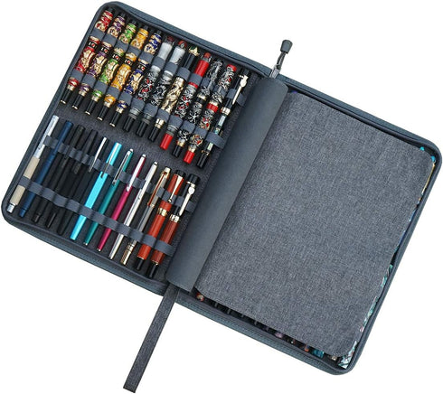48 Slots Gray Fountain Pen Case, Canvas Pen Holder Display Pouch Bag Storage Large Capacity Water Resistant...
