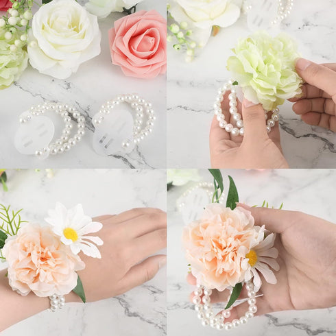 4 Pieces Elastic Pearl Wrist Bands and 15 Pairs Floral Boutonniere Magnets Corsage Brooches Magnet for Handmade Wedding Bride Boutonnieres Corsage...