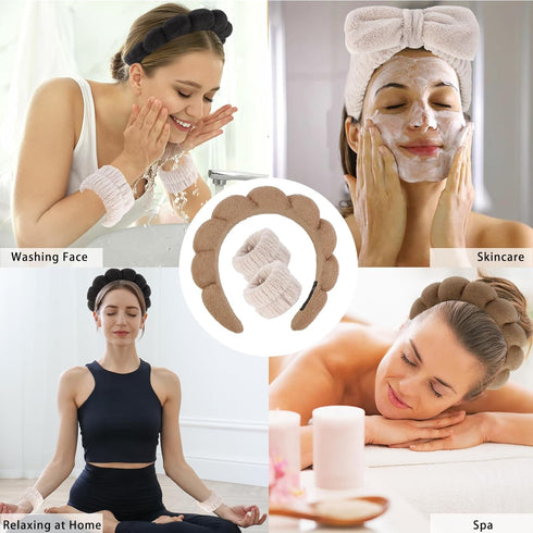 Spa Headband for Washing Face 5Pcs Skincare Headbands Makeup Headband Wrist Bands for Washing Face Makeup Headbands for Women Brown Black Khaki He...