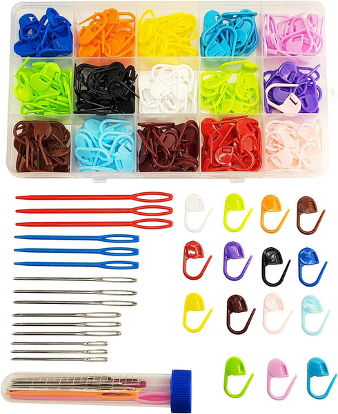 300 Pcs Stitch Markers,15 Colors Knitting Crochet Locking,15 Pcs Large Eye Blunt Sewing Needles with Storage Box...