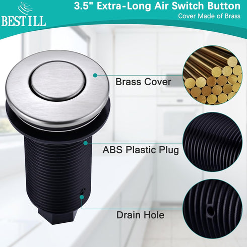 Sink Top Garbage Disposal Air Switch Button with Air Hose, Brushed Nickel Long Button...