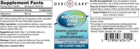 Gericare Magnesium Oxide 400mg Nutritional Supplement, 120 Count (Pack of 1)...