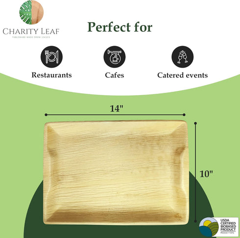 Disposable Palm Leaf 14" x 10" Trays (10 pieces) Bamboo Like Serving Platters, Disposable Boards, Eco-Friendly Dinnerware For Weddings, Catering, ...