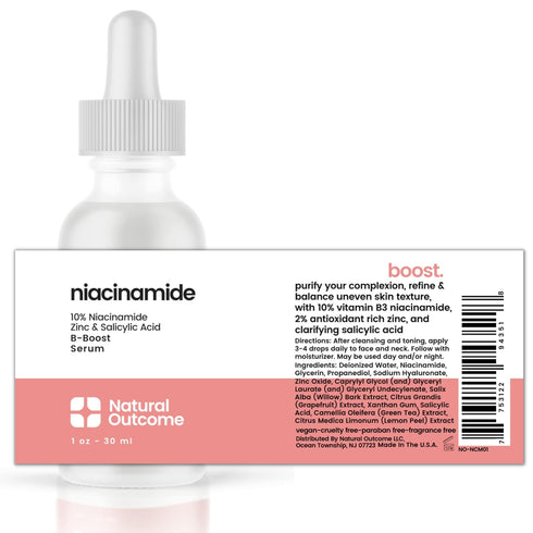 Niacinamide Serum for Face by Natural Outcome Skin Care, B-Boost Niacinamide 10% Plus Zinc 2% Salicylic Acid + Hyaluronic Acid, Acne Treatment + P...