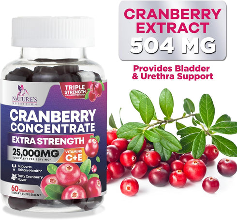 Cranberry Gummies - Urinary Tract Health Gummy + Vitamin C - 25,000mg - Triple Strength Cranberry Concentrate Extract Supplement Pills, Ultimate P...